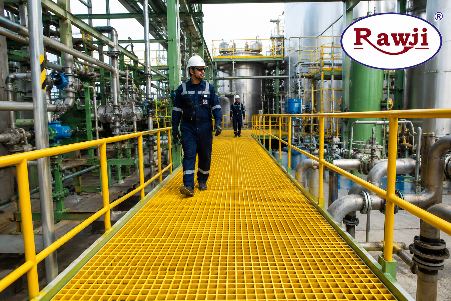 FRP grating walkway installed in industrial chemical plant